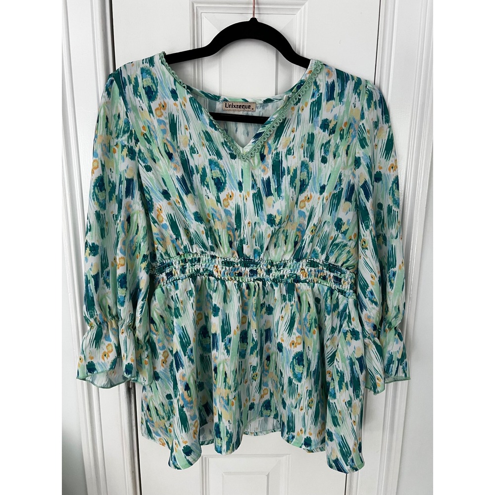 Unixseque Green Blue Abstract Print Smocked Waist Peplum Blouse Medium